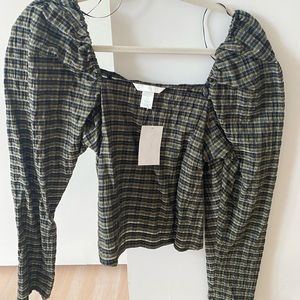 H&M puff sleeve plaid blouse